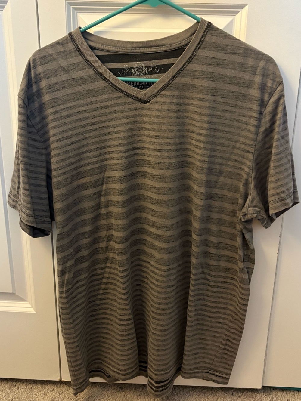 American Rag Olive and Charcoal Striped V-Neck Tee